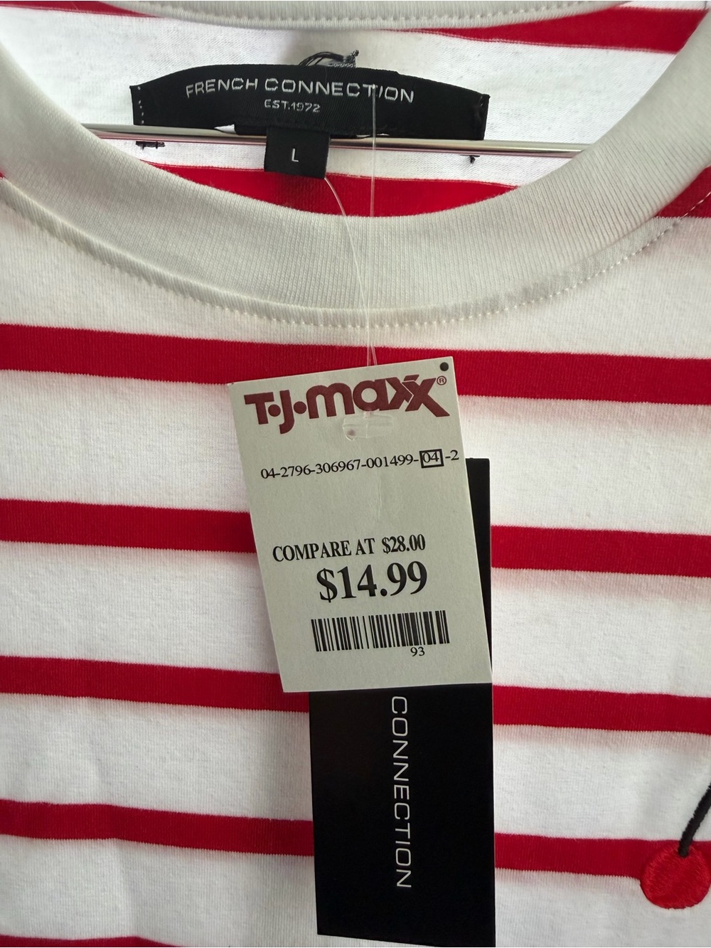 French Connection Red and White Striped Short Sleeve Tee